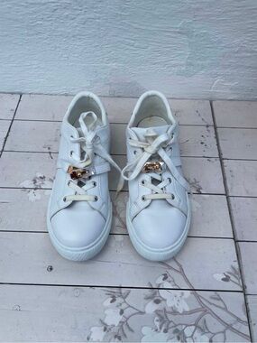 White Leather Sneakers with Gold Accent
